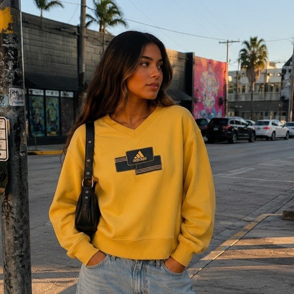 Adidas Vintage Sweatshirt Small Yellow Retro Logo Fleece Pullover 2002 Y2K #1055